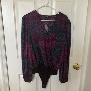 Express Red and Blue Wrap Bodysuit with Mandarin Collar